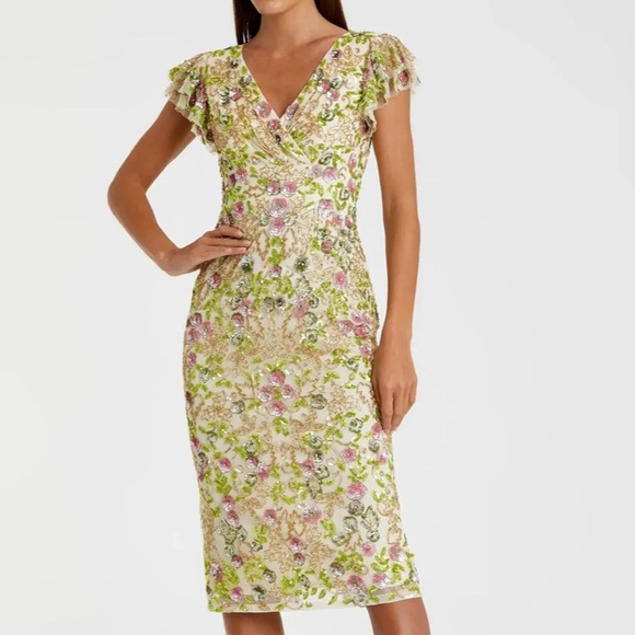 NWT Mac Duggal Beige Floral Embellished Flutter Cap Sleeve Dress